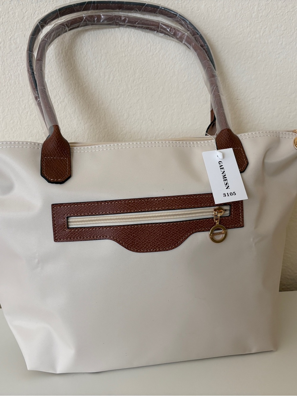 Cream Tote Bag with Brown Handles Nylon Tote NEW - Picture 2 of 5